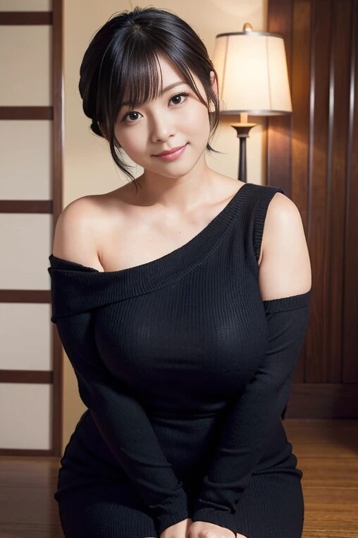 巨乳人妻さんにオープンショルダーのニットを着てもらった【AI画像】09