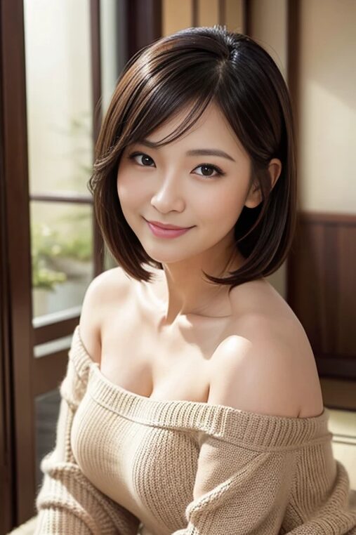 巨乳人妻さんにオープンショルダーのニットを着てもらった【AI画像】11