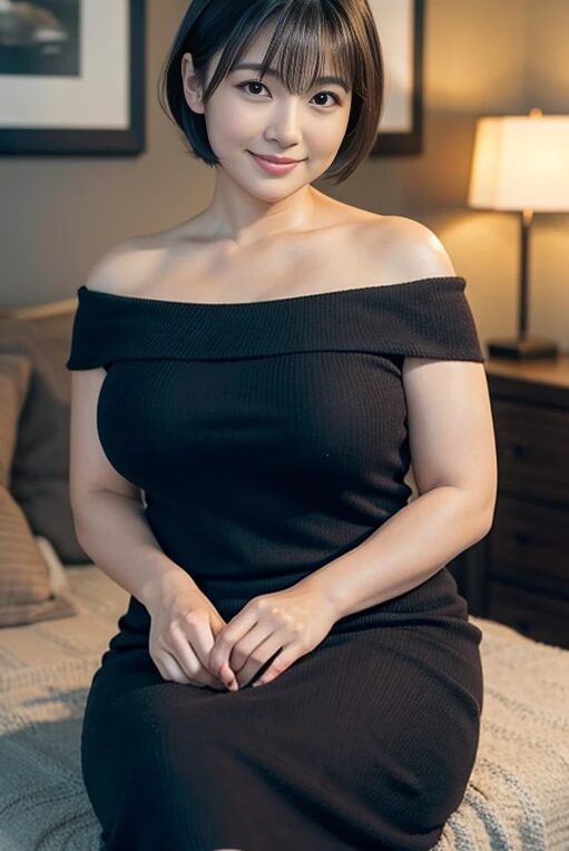 巨乳人妻さんにオープンショルダーのニットを着てもらった【AI画像】13