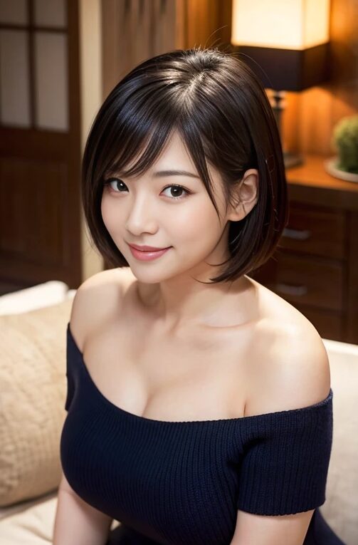 巨乳人妻さんにオープンショルダーのニットを着てもらった【AI画像】16