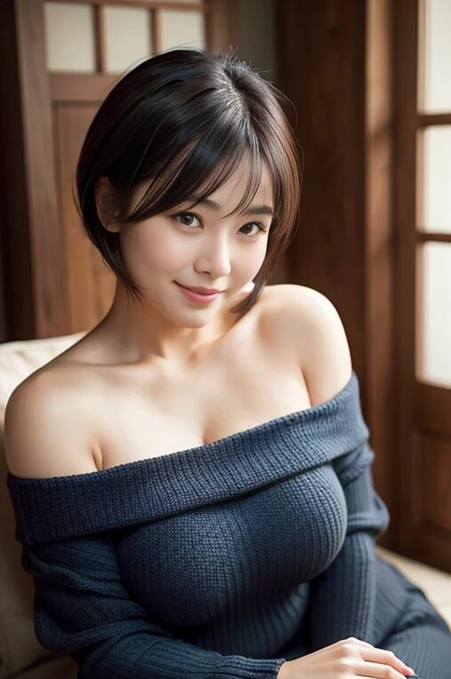 巨乳人妻さんにオープンショルダーのニットを着てもらった【AI画像】20