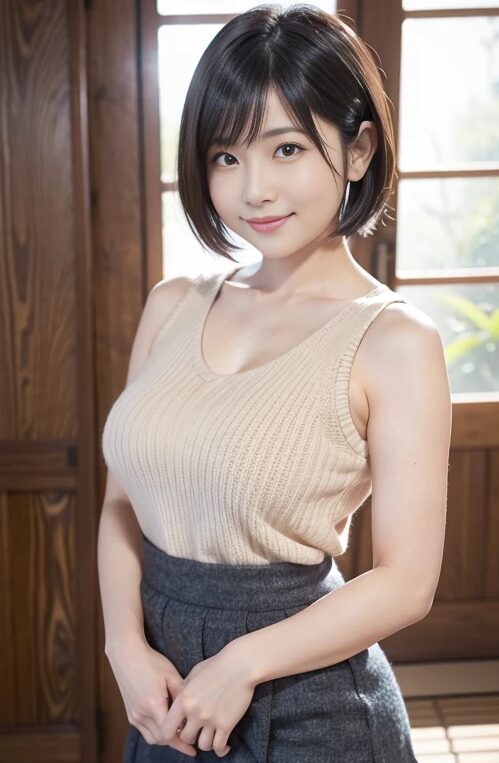 巨乳人妻にニットのタンクトップを着てもらった【AI画像】01
