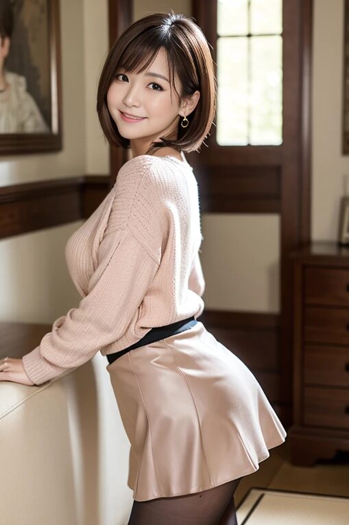 セーターを着た巨乳熟女、AI画像